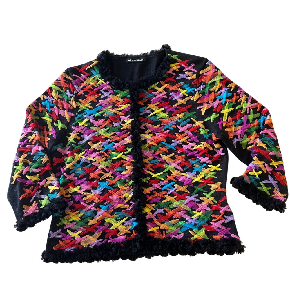 Michael Simon Cardigan M Black Multi Ribbon Applique Fringe Trim Sweater